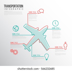 Infographic transport report template made from lines and icons with airplane - dual red and teal color version