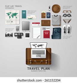 Infographic travel business flat lay idea. Vector illustration hipster concept.can be used for layout, advertising and web design.