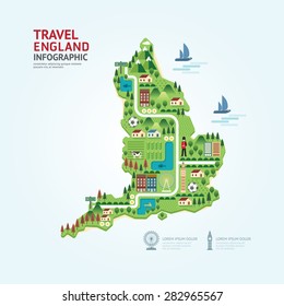 Viaje infográfico y punto de referencia Inglaterra, Reino Unido diseño de plantillas de mapas. ilustración vectorial de concepto de navegador de país / diseño gráfico o web.