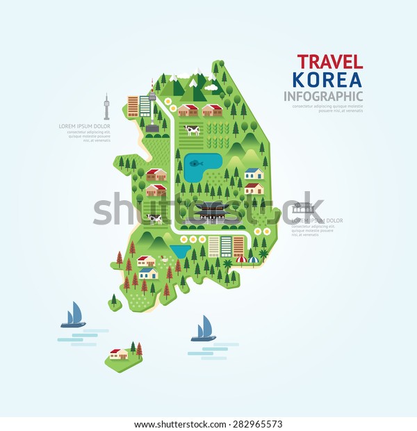 インフォグラフィック旅行とランドマークの韓国地図シェイプテンプレートデザイン カントリーナビゲータのコンセプトベクターイラスト グラフィックまたはウェブデザインレイアウト のベクター画像素材 ロイヤリティフリー
