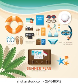 Infographic travel planning a summer vacation business flat lay idea. Vector illustration hipster concept.can be used for layout, advertising and web design.