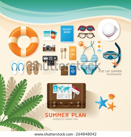 Infographic travel planning a summer vacation business flat lay idea. Vector illustration hipster concept.can be used for layout, advertising and web design.