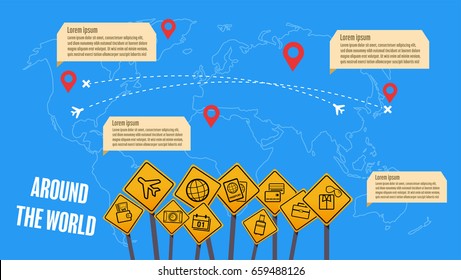 Infographic Traveling together in map concept. Young travelers flying plane around the world. Adventure in foreign countries. 