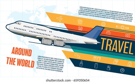 Infográfico Viajando juntos. Jovens viajantes voando avião ao redor do mundo. Aventura em países estrangeiros