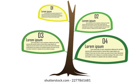 Infographic trees and leaves renewable energy template for consumption sustainable information presentation. Vector suare and geometric elements. green modern workflow diagrams. Report plan 4 topics