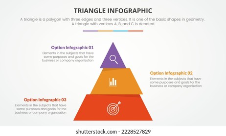 infographic triangle concept for slide presentation with 3 point list with flat pyramid cut style