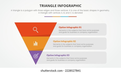 infografisches Dreieck-Konzept für Diavorstellung mit 3-Punkte-Liste mit flachem Pyramidenstil