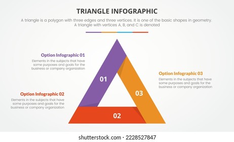 concepto de triángulo infográfico para presentación de diapositivas con lista de 3 puntos con estilo plano