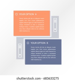 Infographic two options choice template with two rectangles and binders on a white background
