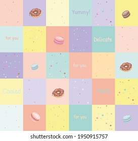 Infographic of types of desserts.  Donut and macaroon. A trendy menu for a pastry shop with delicious inscriptions. Postcard, tag, dessert packaging.