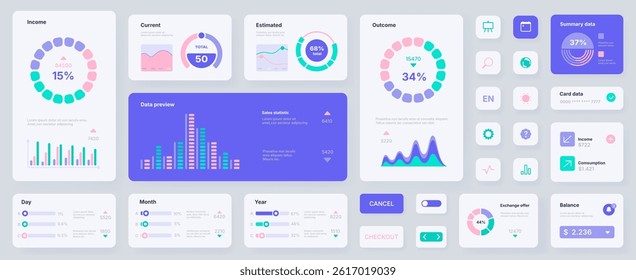 Infographic UI cards. Dashboard app UX, web application card layout with user account statistic graphs and charts, balance payment information. Vector interface mockup set.