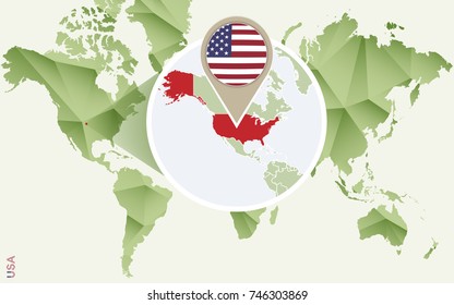 Infographic for United States of America, detailed map of USA with flag. Vector Info graphic green map.