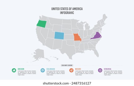 Infographic of United States of America (USA) with Map Legend Vector Illustration