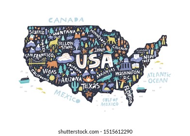 Infographic USA map flat hand drawn vector illustration. American states and cities names lettering with cartoon landmarks isolated on black background. America travel poster, banner, t shirt print