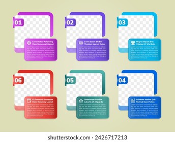 Infographic used for detailed reports of all 6 topics with space for photo collage. Vector illustration with photo frame design with icons and six steps number.  Infographics for business concept