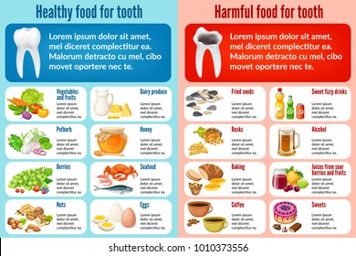 Infographic useful and harmful food for tooth. Caries and a healthy tooth. Vector illustration.