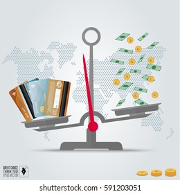 Infographic value of credit card. Compare credit cards and cash on the scales. Dotted world map background. Vector illustration, flat style.