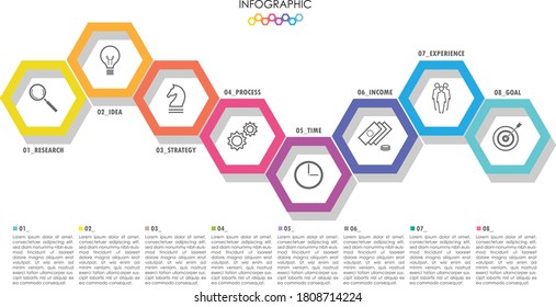 Infographic vector with 8 step colorful hexagon honey structure. Clever and simple diagram for presentation business plan and concept.	
