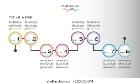 Infographic vector with 8 step colorful structure with doubled circles connected with line. Simple diagram for presentation, business concept and plan.	
