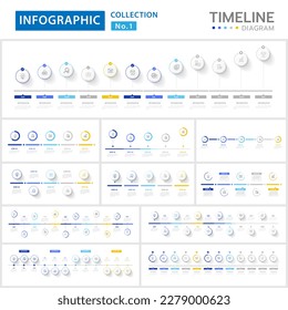 Plantilla de paquete vectorial de infografía para empresas. 11 Establecer la hoja de ruta del diagrama de línea de tiempo moderna con temas de círculo y calendario mensual, colección de infografía de vector de presentación.