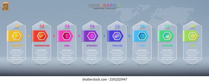 Infographic vector business design glossy hexagon icons colorful template. 8 options in glossy glass transparency. You can used for Marketing process, workflow presentations layout, flow chart.