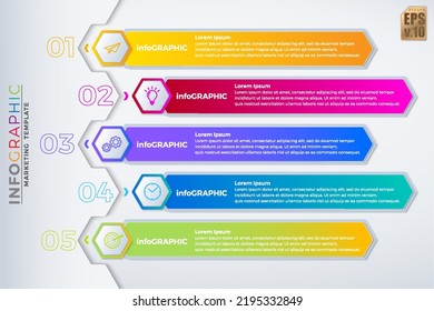 Infographic VECTOR business design hexagon icons colorful template. 5 options or steps isolated minimal style. You can used for Marketing process, workflow presentations layout, flow chart, print ad.