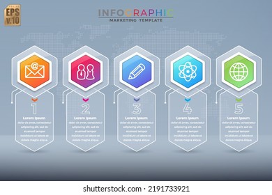 Infographic vector business marketing design glossy hexagon icons colorful template. 5 options in glass transparency. You can used for Marketing process, workflow presentations layout, flow chart.