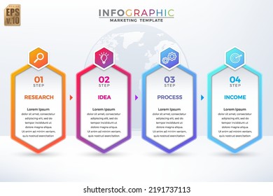 Infographic vector business marketing design hexagon icons colorful template. 4 options minimal style on globe Background. You can used for Marketing process, workflow presentations layout, flow chart