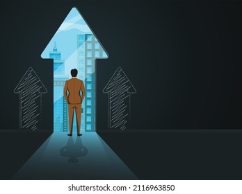 Infographic vector of a businessman looking out of the door of opportunities and success. The door is in the shape of an arrow going upward showing growth in business. empty space for text available.