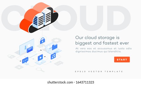Infographic vector cloud computing illustration. Connected devices share files music emails videos icons. Computer laptop tablet smartphone connected to abstract cloud. Cloud networking concept.
