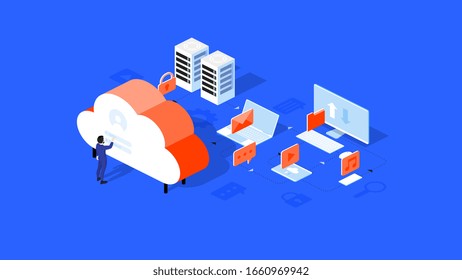 Infographic vector cloud hosting illustration. Connected devices share files music emails videos. Computer laptop tablet smartphone connected to abstract cloud. Businessman logs in.