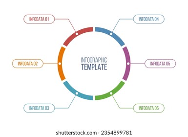 Infographic vector color template. Circular round chart with 6 options, steps or parts. Process chart for business presentation, report, data visualization. Vector color illustration.