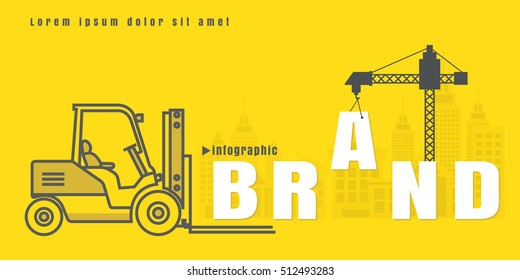 infographic Vector creative illustration of brand text forklift city building crane on yellow background. concept. Thin line art style design of startup service