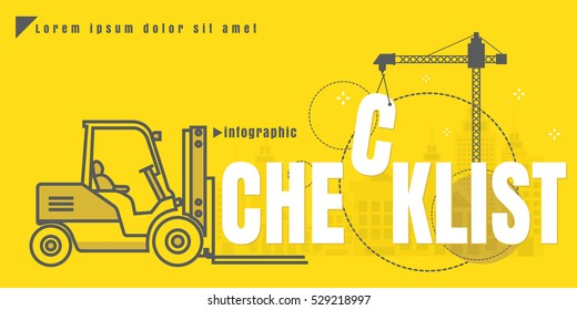 infographic Vector creative illustration of checklist text forklift city building crane on yellow background. concept. Thin line art style design of startup service