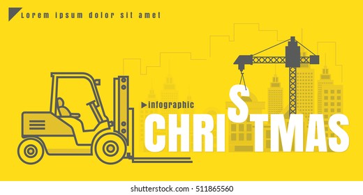 infographic Vector creative illustration of Christmas text forklift city building crane on yellow background. concept. Thin line art style design of startup service