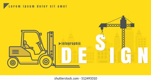 infographic Vector creative illustration of design text forklift city building crane on yellow background. concept. Thin line art style design of startup service
