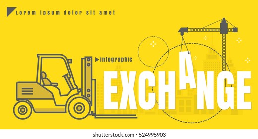 infographic Vector creative illustration of exchange text forklift city building crane on yellow background. concept. Thin line art style design of startup service