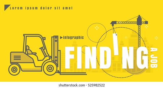 infographic Vector creative illustration of finding a job text forklift city building crane on yellow background. concept. Thin line art style design of startup service