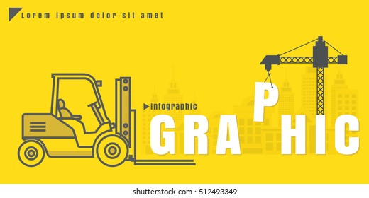 infographic Vector creative illustration of graphic text forklift city building crane on yellow background. concept. Thin line art style design of startup service