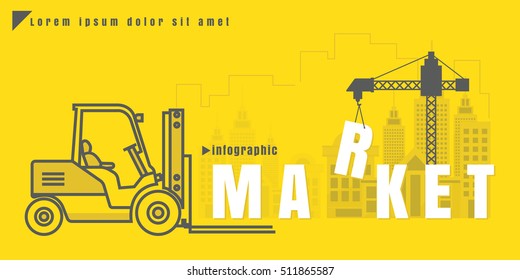 infographic Vector creative illustration of market text forklift city building crane on yellow background. concept. Thin line art style design of startup service