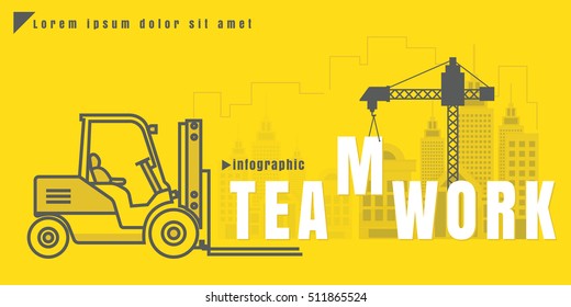 infographic Vector creative illustration of teamwork text forklift city building crane on yellow background. concept. Thin line art style design of startup service
