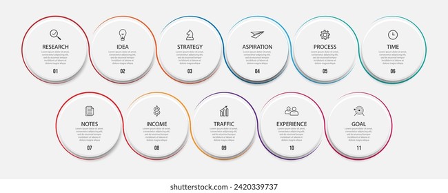 infographic vector design 11 parts or steps, simple with thin lines that are interconnected, for business flow diagrams, presentations, advertisements, banners