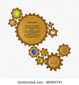 Infographic vector design with brown gears of different sizes and number of teeth with colorful human heads, graph, question mark, cover and description in the wheels background gears
