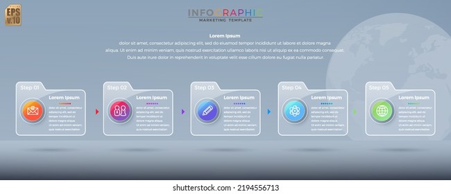 Infographic vector design Business colorful template folder 5 options icons in glass transparency style. You can used for Marketing process, workflow presentations layout, flow chart, print ad.