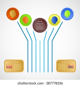 Infographic vector design with colorful human heads in colored circles with graphs and description in gold color squares and circles on blue rods