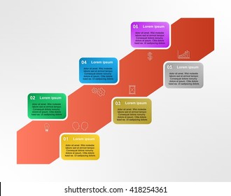 Infographic vector design with colorful rectangles rising up the number and description the red strip with white icons bulb, head, gears, hourglass, dollar and graph on a gray background 