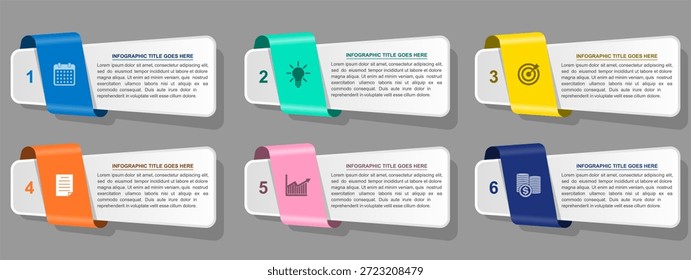 Diseño de Vector infográfico, un archivo EPS aislado listo para sus proyectos. Este conjunto de colecciones cuenta con 6 opciones distintas, perfectas para mostrar datos, procesos o pasos comerciales visualmente.