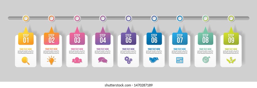 Infographic Vector Design Template with 9 Options Steps. Business Data Visualization Timeline with Marketing Icons most useful can be used for presentation, diagrams, annual reports, workflow layout 