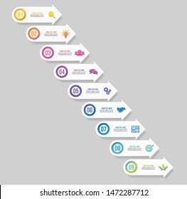 Infografische Vectordesign-Vorlage mit 9 Schritten. Visualisierung von Geschäftsdaten Die Zeitachse mit den Marketing-Symbolen, die am nützlichsten sind, kann für Präsentationen, Diagramme, Jahresberichte, Workflow-Layout verwendet werden 