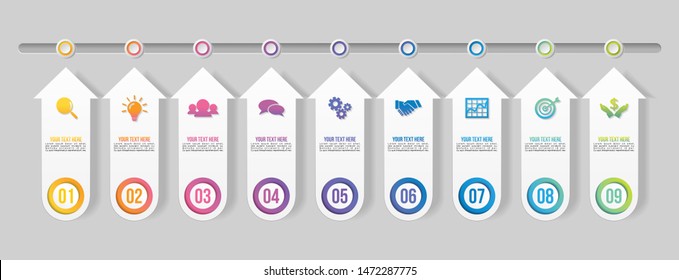 Infographic Vector Design Template with 9 Options Steps. Business Data Visualization Timeline with Marketing Icons most useful can be used for presentation, diagrams, annual reports, workflow layout 